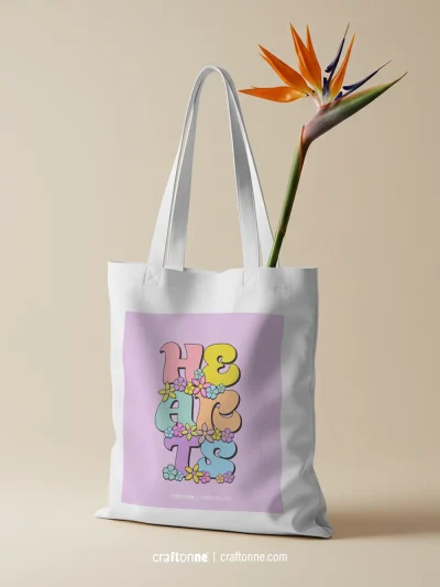Hearts Typographic Tote Bag | Baskılı Kanvas Çanta