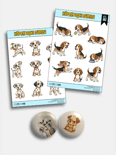 Köpek Aşkı Sticker ve Rozet Seti | 2 A5 Sticker Seti + 2 Adet 44 mm Rozet