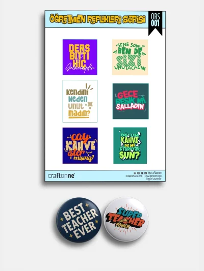 Öğretmenim Sticker ve Rozet Seti | 1 A5 Sticker Seti + 2 Adet 44 mm Rozet