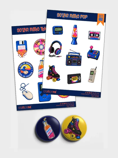 90’lar Retro Pop & Teknoloji Kombin Seti | Sticker ve Rozet Seti